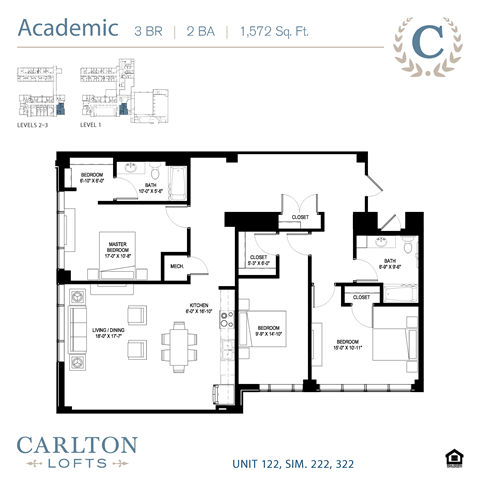 Floor plan for 3 beds, 2 baths, 1572 sqft